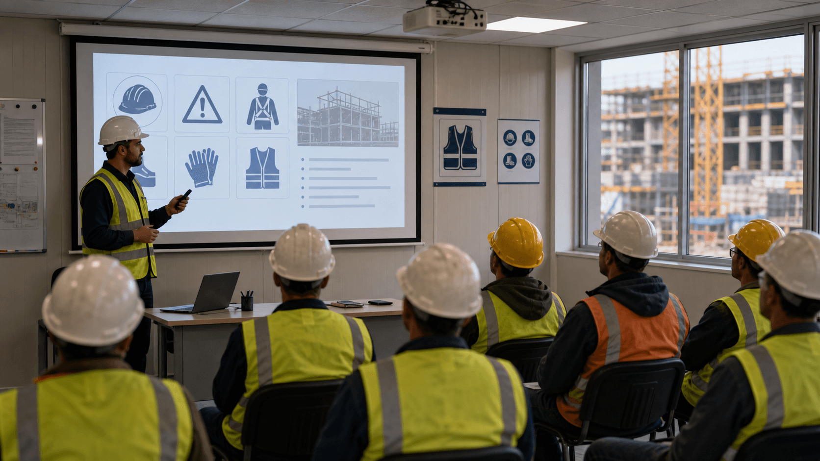 Safety induction in a training room with projector and workers