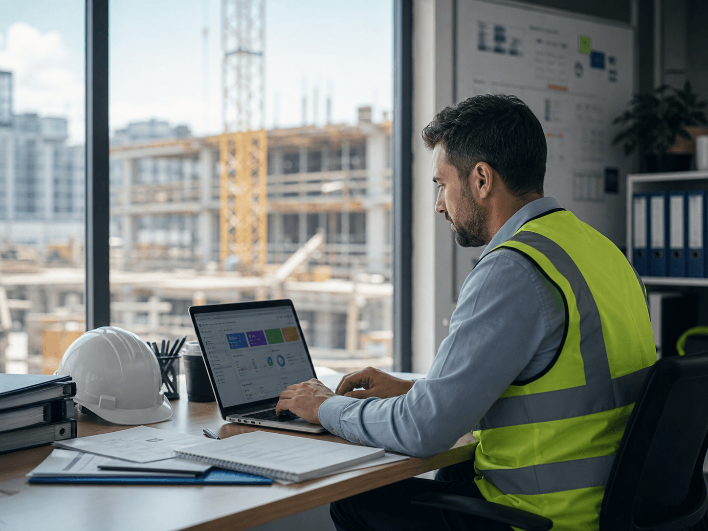 Safety manager reviewing records on a laptop