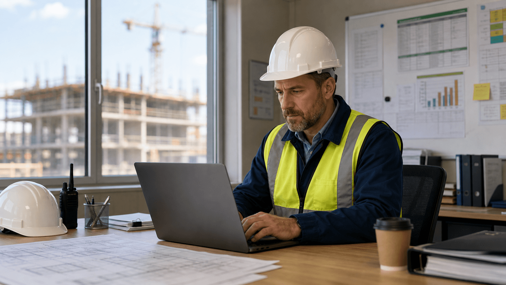 Safety manager working on a laptop