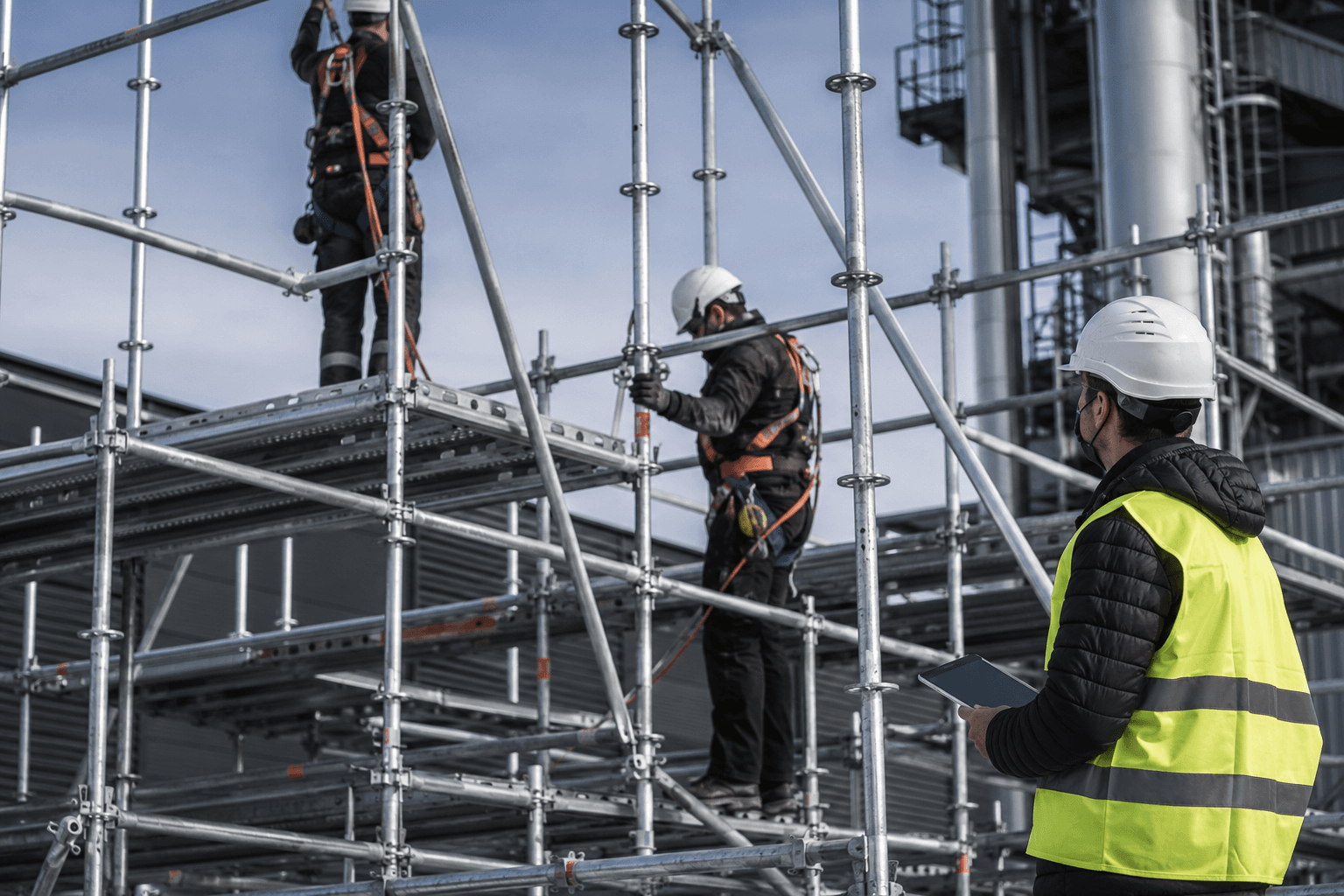 Scaffold supervisor reviewing scaffolding on a construction site